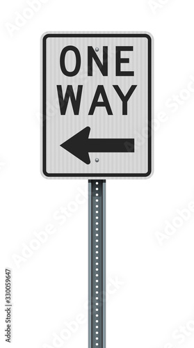 Vector illustration of the One Way vertical left arrow road sign on metallic green post (easily editable to right arrow)