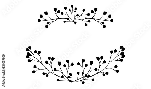 Black silhouette frame top and bottom hand drawn tree branches with leaves and berries botanical flowers floral hand drawn scandinavian style art design element flat vector illustration