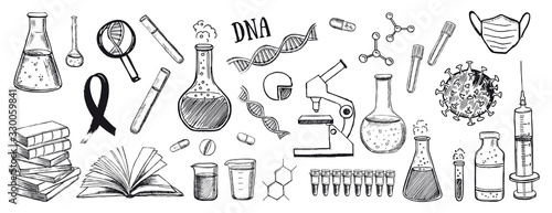 Laboratory research vector hand drawn icons set. Coronavirus, dna, blood test. 