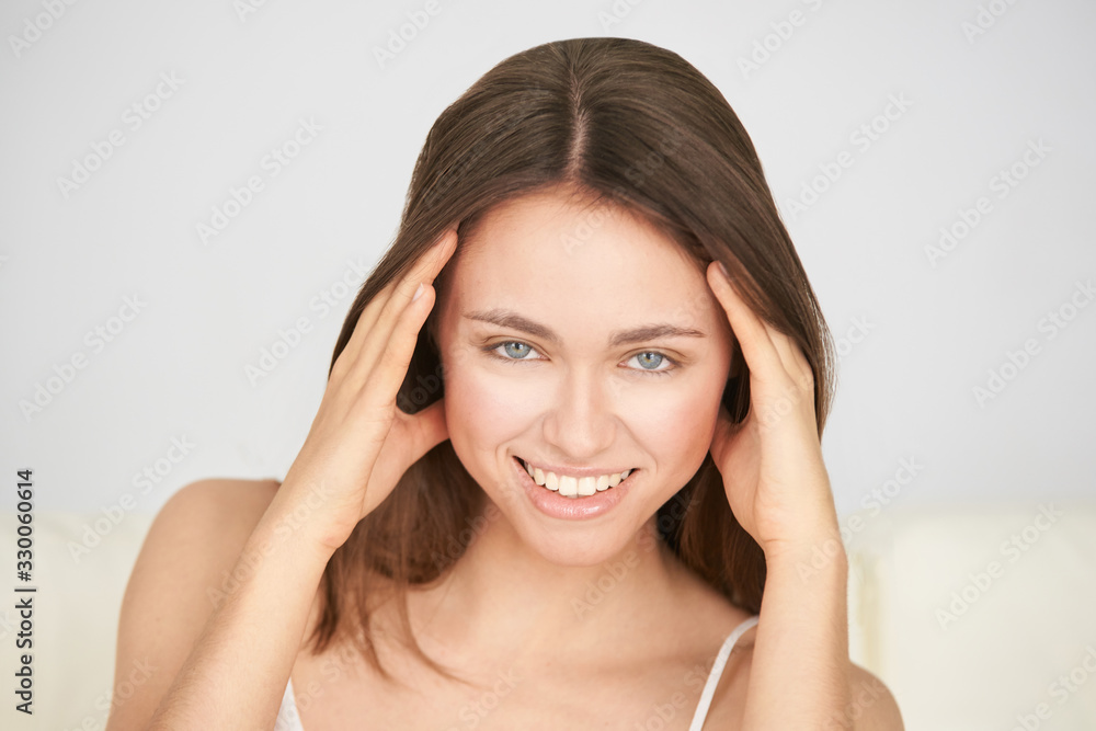 Young beauty facial portrait. Anti acne cosmetology treatment. Smile with teeth. Female adult girl at salon medicine procedure. Young beauty facial portrait. Anti acne cosmetology treatment. Smile with teeth. Female adult girl at salon medicine procedure.