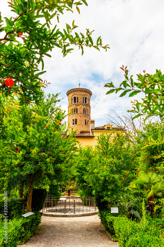 Botanical garden Giardino delle erbe dimenticate, the bell tower of the Ravenna Cathedral in the background in Ravenna, Province of Ravenna, Region of Emilia-Romagna, Italy