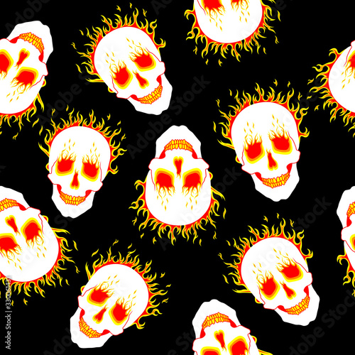 Human skull on fire. Seamless ornament, pattern, background and template. Vector square white background