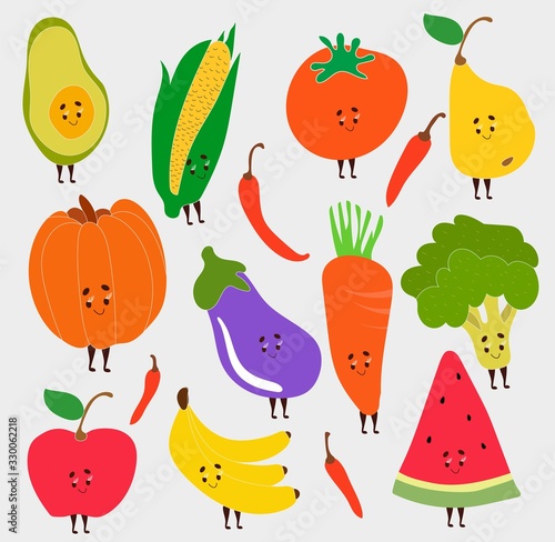 Fototapeta Set with hand drawn colorful doodle fruits and vegetables. Sketch style big vector collection.