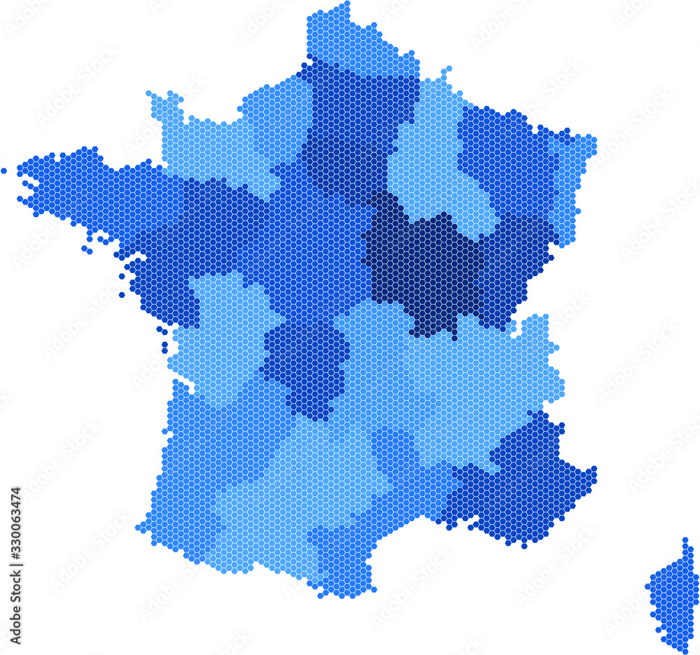 Blue hexagon France map on white background. Vector illustration.