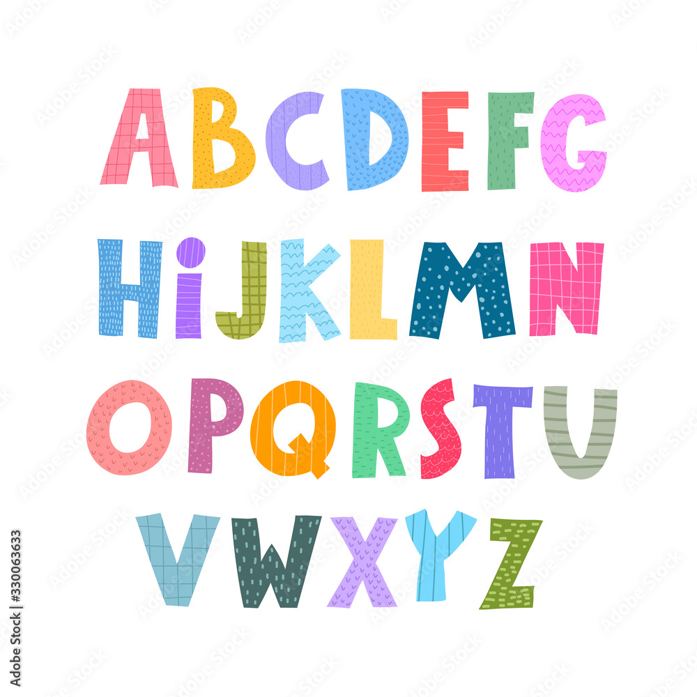 Cute Color alphabet. Hand drawing font for children. Flat isolated vector illustration. design for typographic posters, banners, cards