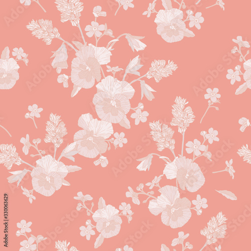 Vector floral seamless pattern with beige pansies, and forget me not flowers