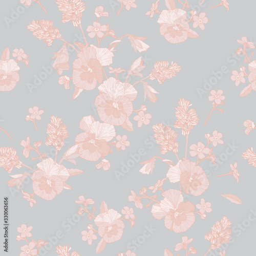 Vector floral seamless pattern with beige pansies, and forget me not flowers