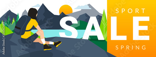 Outdoor spring sale horizontal banner or flyer bright template. Woman wearing sport outfit and tracking boots with a backpack sitting on a rock and watching sunset at mountain lake. Active lifestyle.