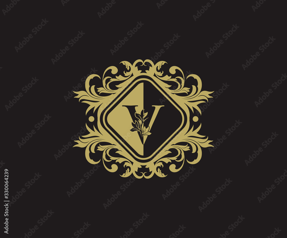 Classic logo design with initial V. Elegant flourishes V Letter. Border carved frame logo template. Vintage vector element.