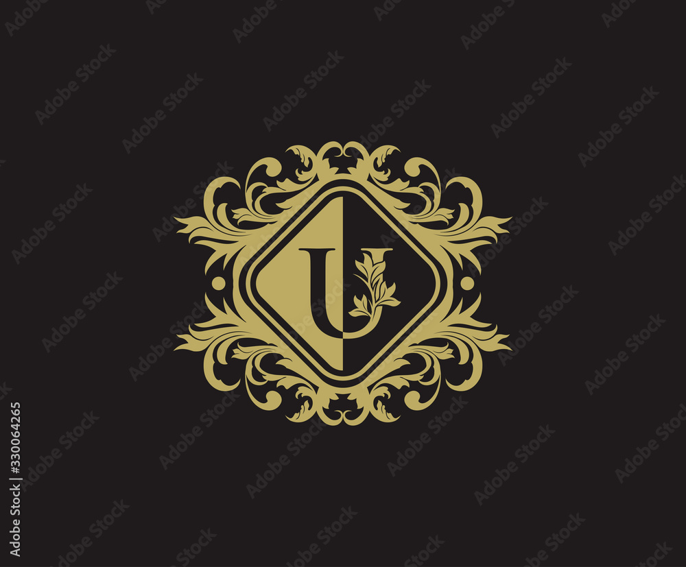 Classic logo design with initial U. Elegant flourishes U Letter. Border carved frame logo template. Vintage vector element.