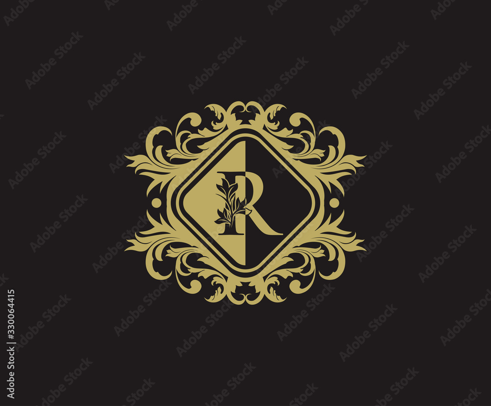 Classic logo design with initial R. Elegant flourishes R Letter. Border carved frame logo template. Vintage vector element.