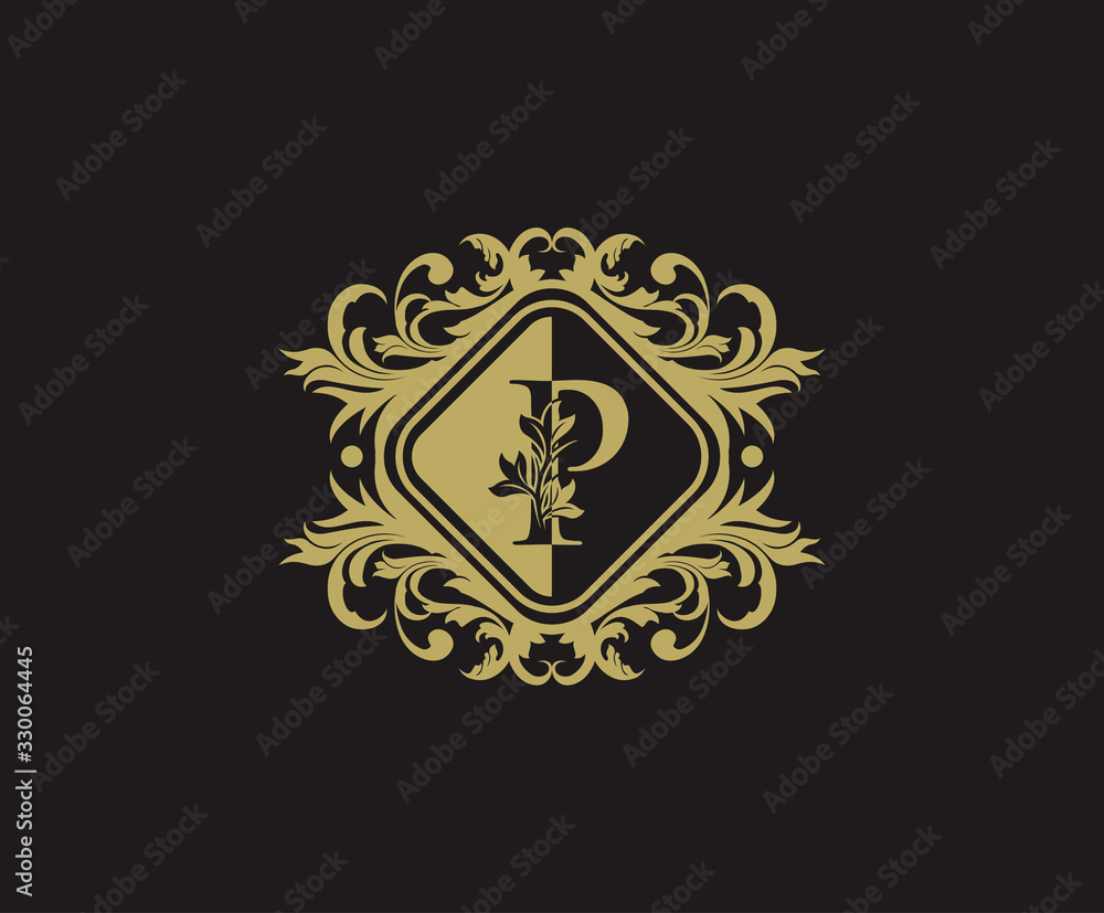 Obraz premium Classic logo design with initial P. Elegant flourishes P Letter. Border carved frame logo template. Vintage vector element.