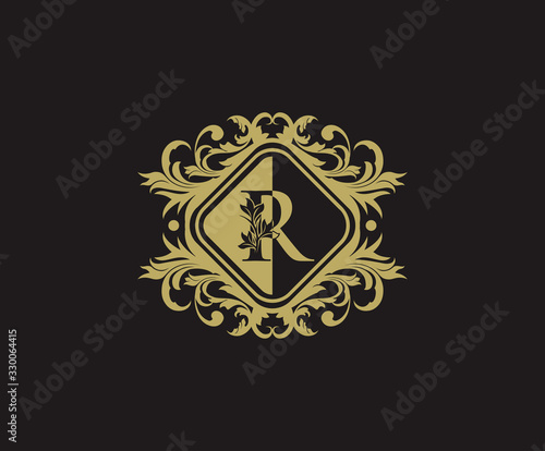 Classic logo design with initial R. Elegant flourishes R Letter. Border carved frame logo template. Vintage vector element.