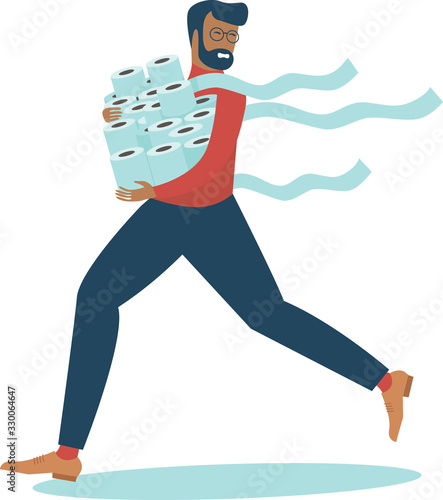 Man in panic grabs toilet paper in bulk due to coronavirus crisis
