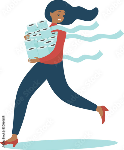 Woman in panic grabs toilet paper in bulk due to coronavirus crisis