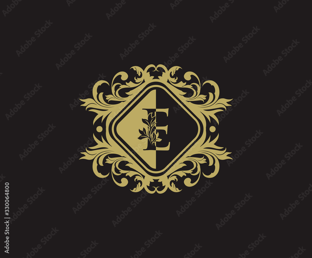 Classic logo design with initial E. Elegant flourishes E Letter. Border carved frame logo template. Vintage vector element.