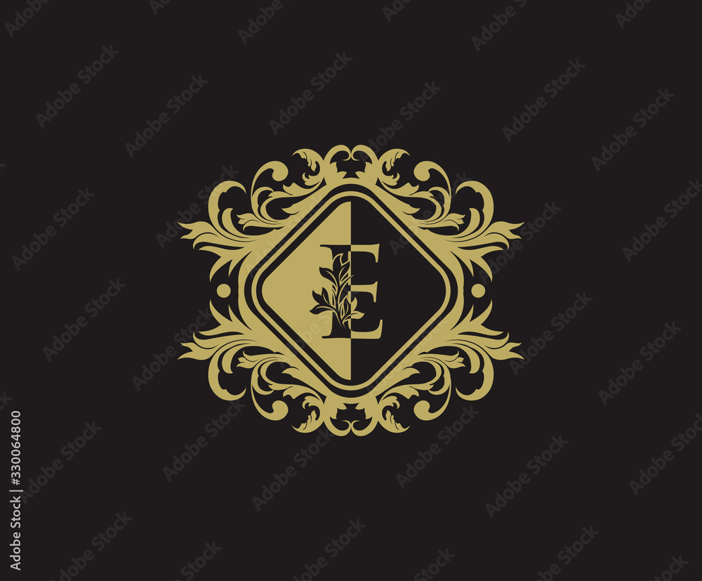 Fototapeta premium Classic logo design with initial E. Elegant flourishes E Letter. Border carved frame logo template. Vintage vector element.