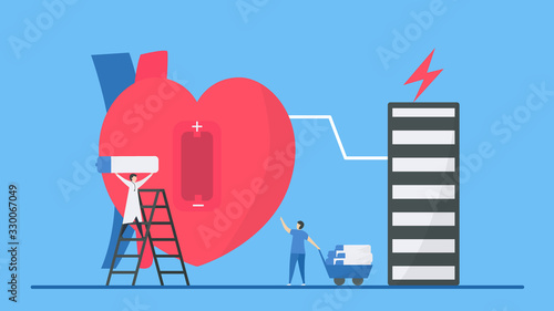 Cardiology vector illustration. Heart disease problem called bradycardia arrhythmia. If heart has Low battery or energy, this failure will makes periodic signal too slow.