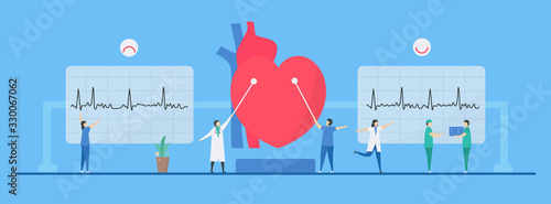 Cardiology vector illustration. Diagnostic and analysis can treat arrhythmia heart disease to be normal. Flat tiny style.