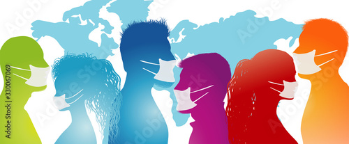 Coronavirus Covid-19. Group of people wearing medical masks. Crowd of people protecting themselves against pandemic epidemic infection. Virus contamination. Vaccination. Antivirus