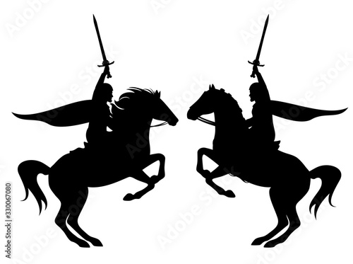 Naklejka medieval hero knight holding sword riding rearing up horse black vector silhouette outline