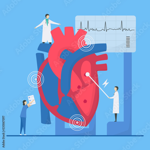 Cardiology vector illustration. This heart disease problem is arrhythmia. Diagnostic and analysis of failure system of periodic signal.