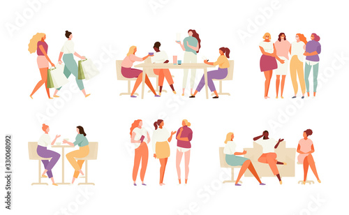 Collection of girlfriends spending time together. Female friendship collection vector illustration