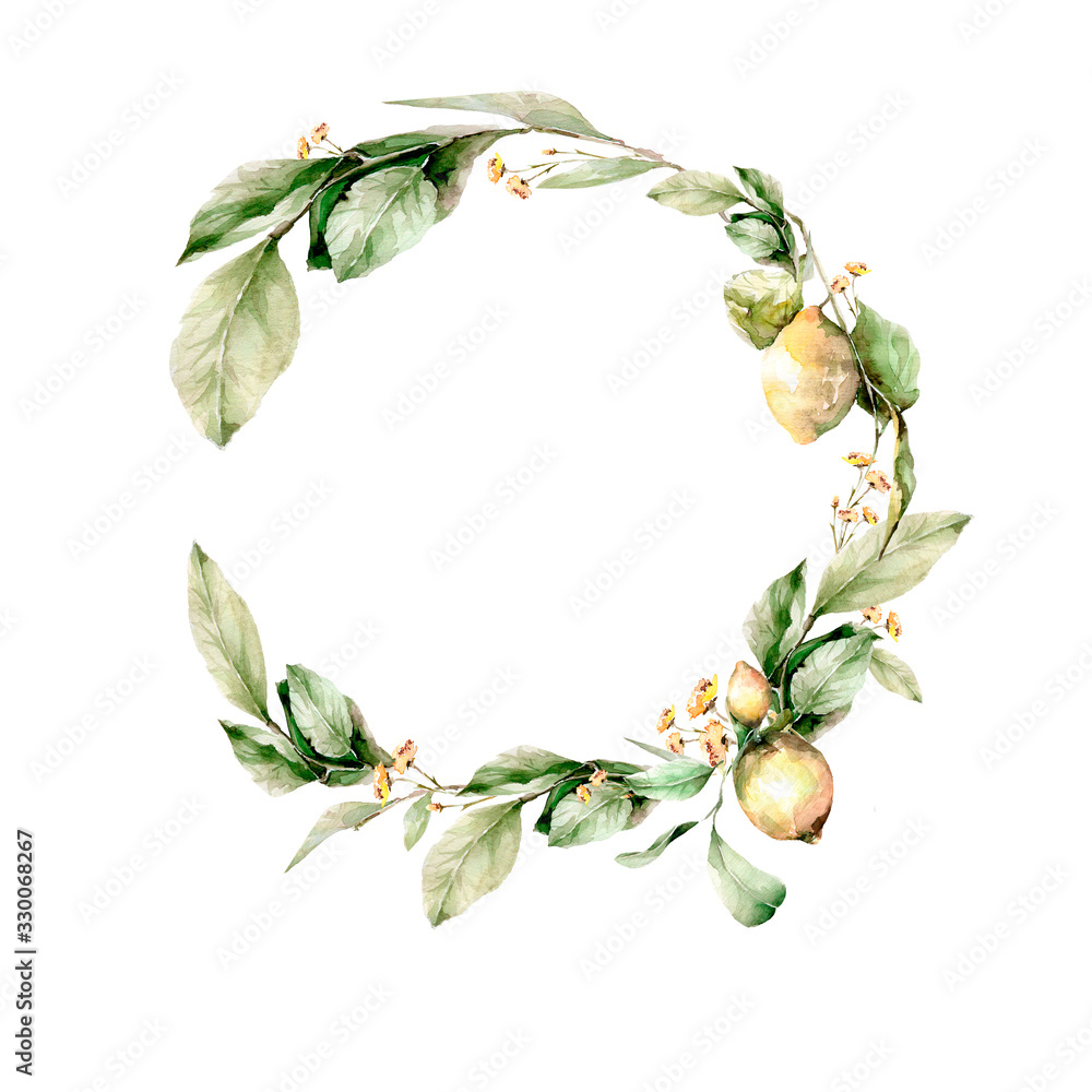 Fototapeta premium Hand drawing watercolor wreath of lemons, flowers, leaves and branches. illustration isolated on white