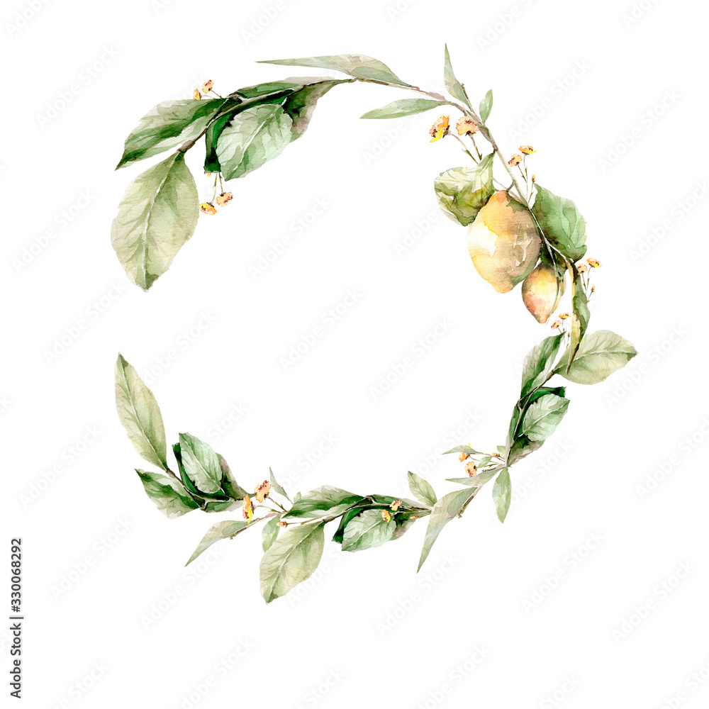 Naklejka premium Hand drawing watercolor wreath of lemons, flowers, leaves and branches. illustration isolated on white