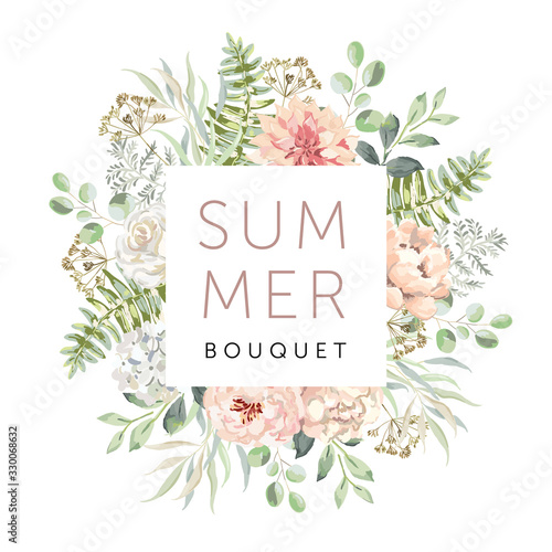 Delicate bouquet of blush pink flowers, forest green leaves, white background. Wedding invitation square frame. Rose, dahlia, peony, fern. Floral vector illustration. Design template greeting card