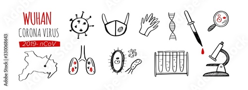 Wuhan Coronavirus 2019 vector hand drawn infographic icons set. Dangerous chinese ncov corona virus, laboratory elements, bacteria, medical mask, blood test, microscope