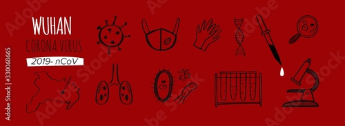 Wuhan Coronavirus 2019 vector hand drawn infographic icons set. Dangerous chinese ncov corona virus, laboratory elements, bacteria, medical mask, blood test, microscope