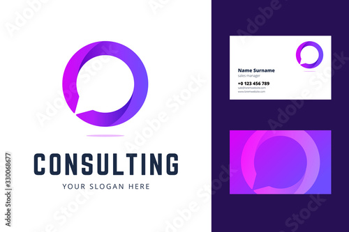Logo and business card template for consulting, support and chat services. Vector illustration in gradient violet style with speech bubble symbol.