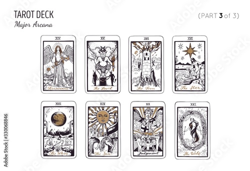 Tarot card deck. Major arcana set part 1of 3 . Vector hand drawn engraved style. Occult and alchemy symbolism. The fool, magician, high priestess, empress, emperor, lovers, hierophant, chariot