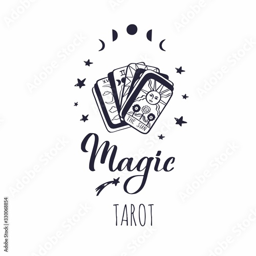 Vintage Tarot deck vector illustration. Hand drawn style. Occult symol of sun and moon phases. Magic and Witchcraft cover, background