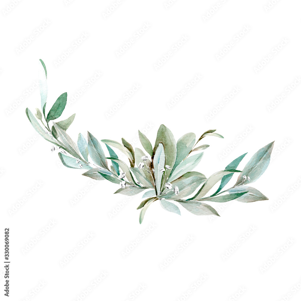 Hand drawing watercolor flower composition of olive branches, leaves and flowers. illustration isolated on white