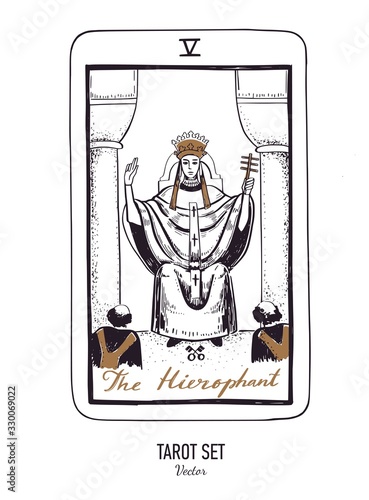 Vector hand drawn Tarot card deck. Major arcana the Hierophant. Engraved vintage style. Occult, spiritual and alchemy symbolism