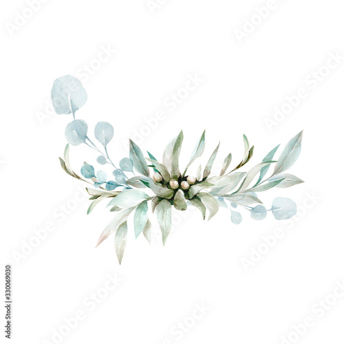 Flower composition of olive branches and leaves of eucalyptus. Watercolor