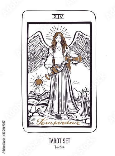 Vector hand drawn Tarot card deck. Major arcana Temperance. Engraved vintage style. Occult, spiritual and alchemy