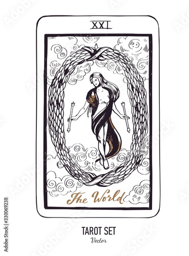 Vector hand drawn Tarot card deck. Major arcana The World. Engraved vintage style. Occult, spiritual and alchemy