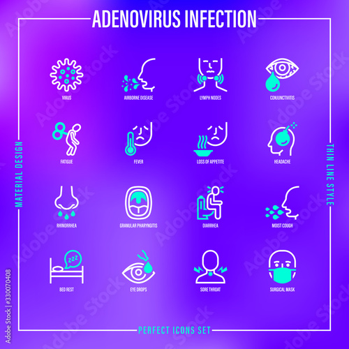 Adenovirus infection thin line icons set. Airborne disease, lymph nodes, fever, headache, runny nose, pharyngitis, moist cough, surgical mask, sore throat. Vector illustration of coronavirus symptoms