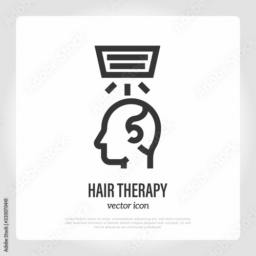 Low level laser therapy for hair loss and regrowth. Thin line icon. Medical treatment: hair therapy for alopecia. Healthcare vector illustration.