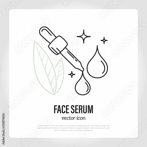 Facial serum, lotion, essential oil, collagen. Pipette with drop thin line icon. Skin care treatment. Vector illustration.