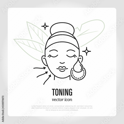 Face toner or lotion, skin care step of light moisturizing. Water drops on girl's face. Vector illustration.