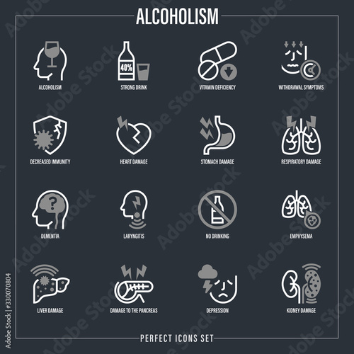 Alcoholism thin line icons set. Strong drink  withdrawal symptoms  vitamin deficiency  decreased immunity  internal organs damage  depression  dementia  emphysema. Vector illustration.
