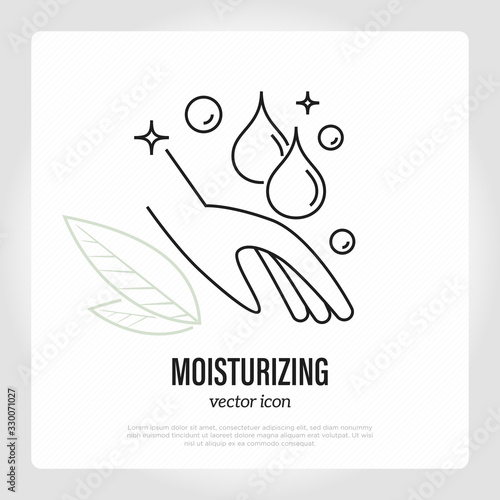 Skin care treatment, moisturizing. Two droplets fall on hand. Thin line icon. Cream, essential oil, collagen, hyaluronic serum. Vector illustration.