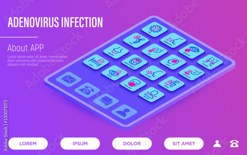 Adenovirus infection web page template with copy space. Buttons on tablet with thin line isometric icons. Airborne disease, lymph nodes, fever, surgical mask, sore throat. Vector illustration