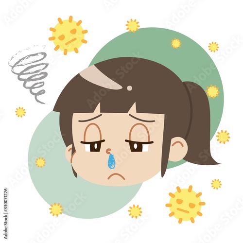 花粉症で鼻水が出ている女の子と花粉（主線なし）