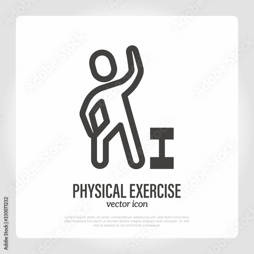 Physical exercise. Man training with dumbbell. Thin line icon. Healthy activity for elderly people. Vector illustration.