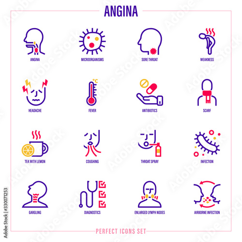 Angina symptoms. Bacteria, sore throat, weakness, headache, fever, antibiotics, coughing, throat spray, enlarged lymph nodes, airborne infection. Thin line icons set. Vector illustration.
